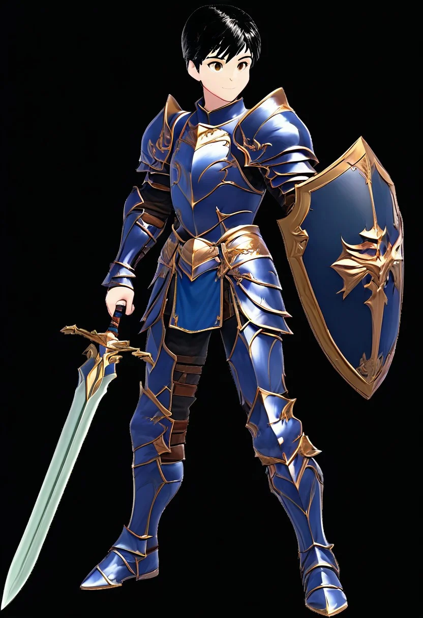 harmard, black hair, short hair, brown eyes, 1boy, solo, solo focus, teen, equip heavy knight armor, metalic blue armor theme, (right hand holding a sword:1.20), standing pose, solo, full body, happy expression, sword and shield