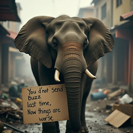 closeup portrait analog photo of an elephant in a poor street with trash and dirt. The city is in flames and its raining and there are mud. The elephant is dirt.
There is a big paper sign saying "You d'not send Buzz last time, now things are worse". The eyes have tears of sadness. Photo is a bit blurred