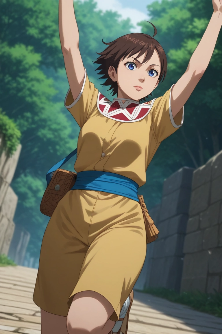 score_9, score_8_up, score_7_up, , rating_safe, intricate details, anime screencap, , official style, , depth of field, 1girl, solo, <lora:he_liao_diao_pony:0.78>, he_liao_diao, brown hair, blue eyes, short hair, , from below, stone road, day, jumping, squinting, geisha costume, <lora:sdxl_lightning_8step_lora:1>