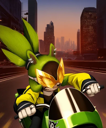 solo, surge the tenrec, female, yellow jacket, ring piercing, goggles, teeth, motorcycle, teeth, angry, logo, skyline, by kitora, realistic, cinematic lighting, best quality, highly detailed, <lora:SurgeXL_030-Noob-nd64-lr2-ep26:1>