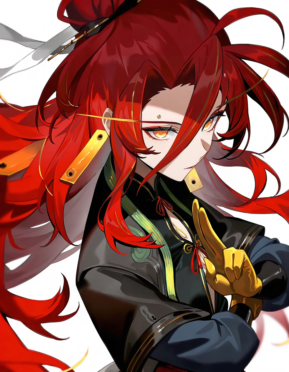 white background,simple background,looking at viewer,
<lora:chuyi_noob:1>,xytx-chuyi,1girl,solo,red hair,long hair,very long hair,earrings,yellow eyes,hair between eyes,hair ornament,tassel,jewelry,gloves,chinese clothes,dress,
masterpiece,best quality,very aesthetic,absurdres,