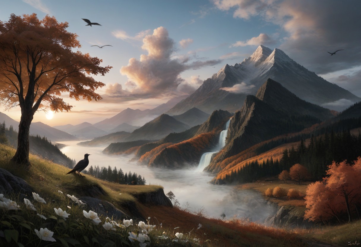 score_9, score_8_up, score_7_up, water, tree, leaf, scenery, mountain, planted, waterfall, fog flower, outdoors, sky, cloud, tree, no_humans, grass, cloudy_sky, crows, birds flying, star_\(sky\), nature, eerie, white flower, Edelweiss, mountain, field,  mountainous_horizon, landscape, sunset, clouds, (autumn:1.4)