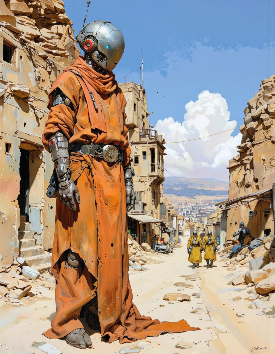 By theaicolab. A futuristic, sci-fi digital illustration shoot from a profile camera angle about a humanoid robot with a metallic helmet and glowing blue eyes stands in a desert-like environment, surrounded by dilapidated buildings and a distant cityscape. the scene is set in a post-apocalyptic wasteland, with a rocky terrain and a clear blue sky. on the left side of the image, a robot, who appears to be a young adult, stands facing the viewer with a neutral expression, wearing a long, flowing orange robe with intricate mechanical details and a glowing blue light on its face. the robot has a sleek, metallic helmet with a red light on it, and its body is adorned with mechanical parts. in the background, two small, yellow-clad soldiers can be seen walking towards the robot, adding a sense of tension to the scene. <lora:The_AI_Colab:1>