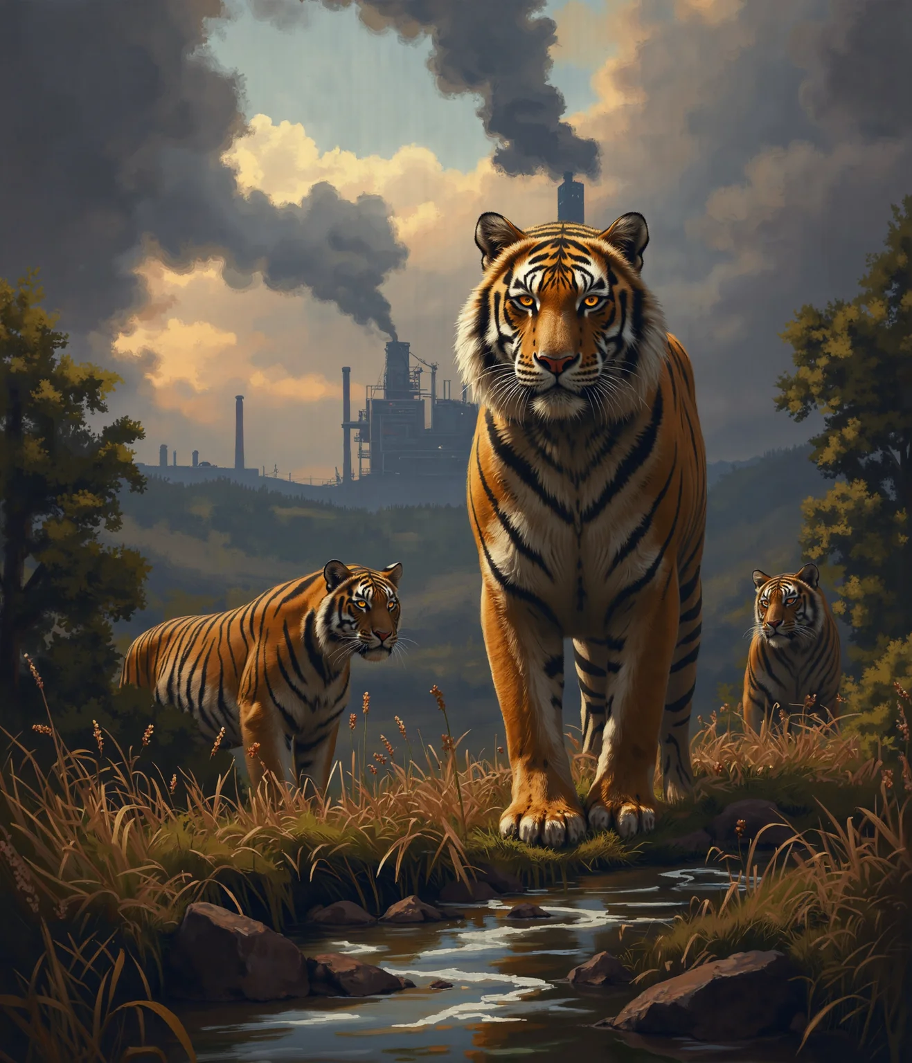 Beneath the golden light of a dying sun, three tigers stand as silent sentinels of a world slipping away. Their den, once a sanctuary deep in the jungle, now lies in the shadow of a relentless industrial invasion. Smoke rises in thick, curling plumes from the factory in the distance, its skeletal towers clawing at the sky, tearing into the land that once belonged to them. The river, which once mirrored the heavens in its crystalline depths, now runs thick with chemical waste, its surface shimmering with a sickly iridescence. Overhead, an unfeeling drone hovers, its cold mechanical eye locked onto them, reducing the last great beasts of the wild to mere data. 

At the forefront stands the male tiger, a magnificent creature of sheer power and untamed beauty. His broad shoulders ripple with muscle, and his thick, flowing mane—a rarity among his kind—catches the last golden light, each strand a testament to the strength of his lineage. His amber eyes burn with defiance as he lifts his gaze toward the drone, the artificial intruder dissecting his very existence with a lifeless stare. His breath is slow, steady—he does not run. He does not cower. He simply watches, daring the machine to look upon him and understand what it has come to destroy.

To his left, a tigress crouches low against the withering jungle undergrowth. Her sleek, battle-hardened body is coiled with tension, her muscles taut beneath her striking orange and black pelt. Her ears flick at the distant roar of machines, her sharp eyes flickering between the drone above and the poisoned river below. A soft growl rumbles in her throat, a sound both protective and mournful. She remembers when the air was filled with the scent of fresh rain and earth, not the acrid tang of steel and smoke.

Partially concealed within the den’s darkened entrance, the eldest tigress lingers like a specter of the past. Her once-flawless coat bears the marks of countless battles—not just against prey, but against time, hunger, and the encroachment of man. Scars lace her form, silent records of a world that no longer belongs to them. Her gaze drifts past the factory, beyond the fading jungle, to where the land once stretched unbroken and free. She does not need to see the future to know what is coming—she has already felt it in the quiet disappearance of the herds, in the strange hum of machines replacing the songs of the forest.

The composition of this piece is breathtaking, an emotional contrast of power and vulnerability. The warm, golden hues of the tigers' fur stand against the lifeless grays and metallic tones of the factory. Smoke and sunlight intertwine in the sky, a battle of nature versus progress. The river, both beautiful and tragic in its shimmering toxicity, winds like a dying vein through the heart of this fractured world. The drone, a symbol of human detachment, looms overhead—watching, recording, but never truly seeing.

This is more than a depiction of endangered creatures. This is a moment in time, a visual elegy for all that is being lost. The tigers stand together, not just as individuals, but as a fading lineage—an echo of a wildness that once roamed without boundaries. In this frozen moment, they remain majestic, untamed, unbroken. But for how much longer?  

Simon Stalenhag Style, v3lkat0k