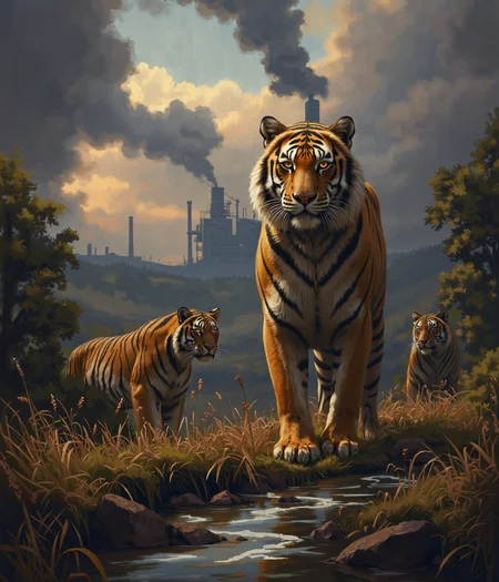 Beneath the golden light of a dying sun, three tigers stand as silent sentinels of a world slipping away. Their den, once a sanctuary deep in the jungle, now lies in the shadow of a relentless industrial invasion. Smoke rises in thick, curling plumes from the factory in the distance, its skeletal towers clawing at the sky, tearing into the land that once belonged to them. The river, which once mirrored the heavens in its crystalline depths, now runs thick with chemical waste, its surface shimmering with a sickly iridescence. Overhead, an unfeeling drone hovers, its cold mechanical eye locked onto them, reducing the last great beasts of the wild to mere data.
At the forefront stands the male tiger, a magnificent creature of sheer power and untamed beauty. His broad shoulders ripple with muscle, and his thick, flowing mane—a rarity among his kind—catches the last golden light, each strand a testament to the strength of his lineage. His amber eyes burn with defiance as he lifts his gaze toward the drone, the artificial intruder dissecting his very existence with a lifeless stare. His breath is slow, steady—he does not run. He does not cower. He simply watches, daring the machine to look upon him and understand what it has come to destroy.
To his left, a tigress crouches low against the withering jungle undergrowth. Her sleek, battle-hardened body is coiled with tension, her muscles taut beneath her striking orange and black pelt. Her ears flick at the distant roar of machines, her sharp eyes flickering between the drone above and the poisoned river below. A soft growl rumbles in her throat, a sound both protective and mournful. She remembers when the air was filled with the scent of fresh rain and earth, not the acrid tang of steel and smoke.
Partially concealed within the den’s darkened entrance, the eldest tigress lingers like a specter of the past. Her once-flawless coat bears the marks of countless battles—not just against prey, but against time, hunger, and the encroachment of man. Scars lace her form, silent records of a world that no longer belongs to them. Her gaze drifts past the factory, beyond the fading jungle, to where the land once stretched unbroken and free. She does not need to see the future to know what is coming—she has already felt it in the quiet disappearance of the herds, in the strange hum of machines replacing the songs of the forest.
The composition of this piece is breathtaking, an emotional contrast of power and vulnerability. The warm, golden hues of the tigers' fur stand against the lifeless grays and metallic tones of the factory. Smoke and sunlight intertwine in the sky, a battle of nature versus progress. The river, both beautiful and tragic in its shimmering toxicity, winds like a dying vein through the heart of this fractured world. The drone, a symbol of human detachment, looms overhead—watching, recording, but never truly seeing.
This is more than a depiction of endangered creatures. This is a moment in time, a visual elegy for all that is being lost. The tigers stand together, not just as individuals, but as a fading lineage—an echo of a wildness that once roamed without boundaries. In this frozen moment, they remain majestic, untamed, unbroken. But for how much longer?
Simon Stalenhag Style, v3lkat0k