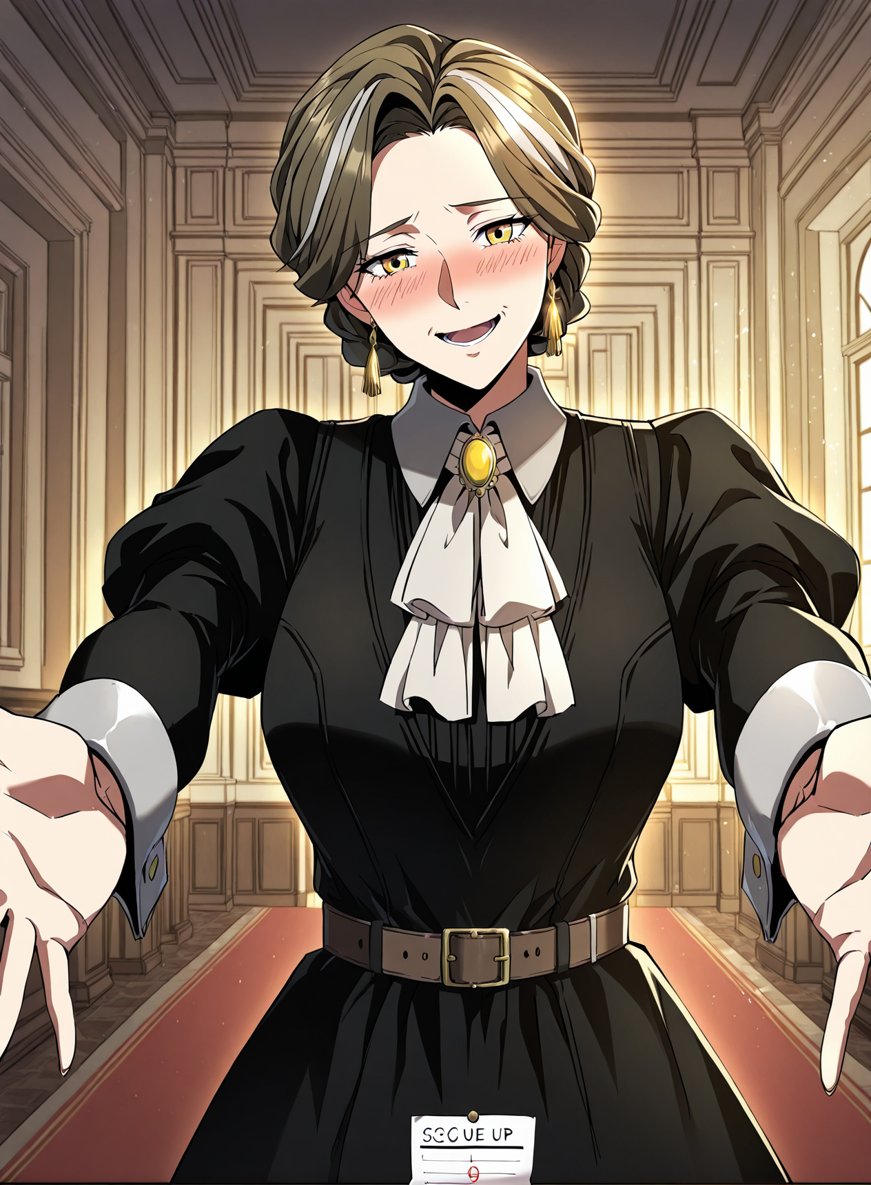 <lora:Wilbeck__The_Beginning_After_the_End__Illustrious:1>
Wilbeck, 1 girl, solo, mature woman, yellow eyes, brown medium hair, silver streaks, side-parted, braided updo,
black victorian dress, white cravat, wide cuffs, waist belt, gold earrings, formal outfit
score_9, score_8_up, score_7_up, score_6_up, source_anime, rating_explicit, 1girl, solo, smile, embarrassed, alcalose eyes, open mouth, mansion, indoors, looking at viewer, outstretched arms, pov, close-up, (head tilt:1.2)
