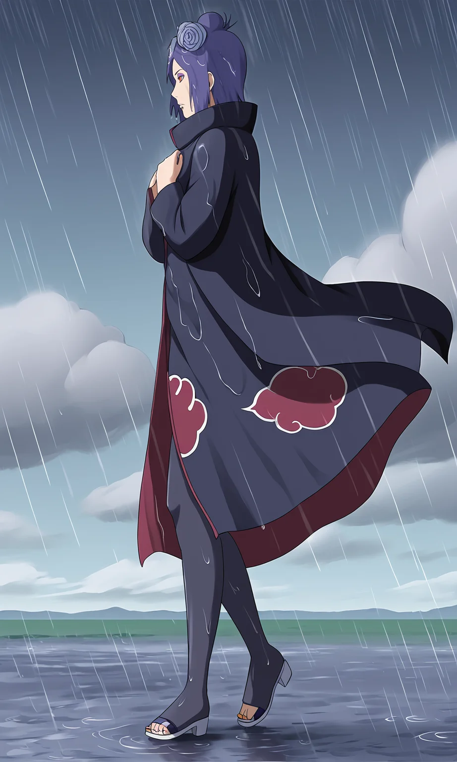 from side, hands on own chest, walking,
k0nan, 1girl, solo,orange eyes, purple eyeshadow, lip piercing,
single hair bun, short hair, hair flower,cloak,
long sleeves, high collar, cloud print, black pantyhose, sandals,
rain, wind, clouds, wet,
<lora:Naruto_Konan_PXL-000012:1>