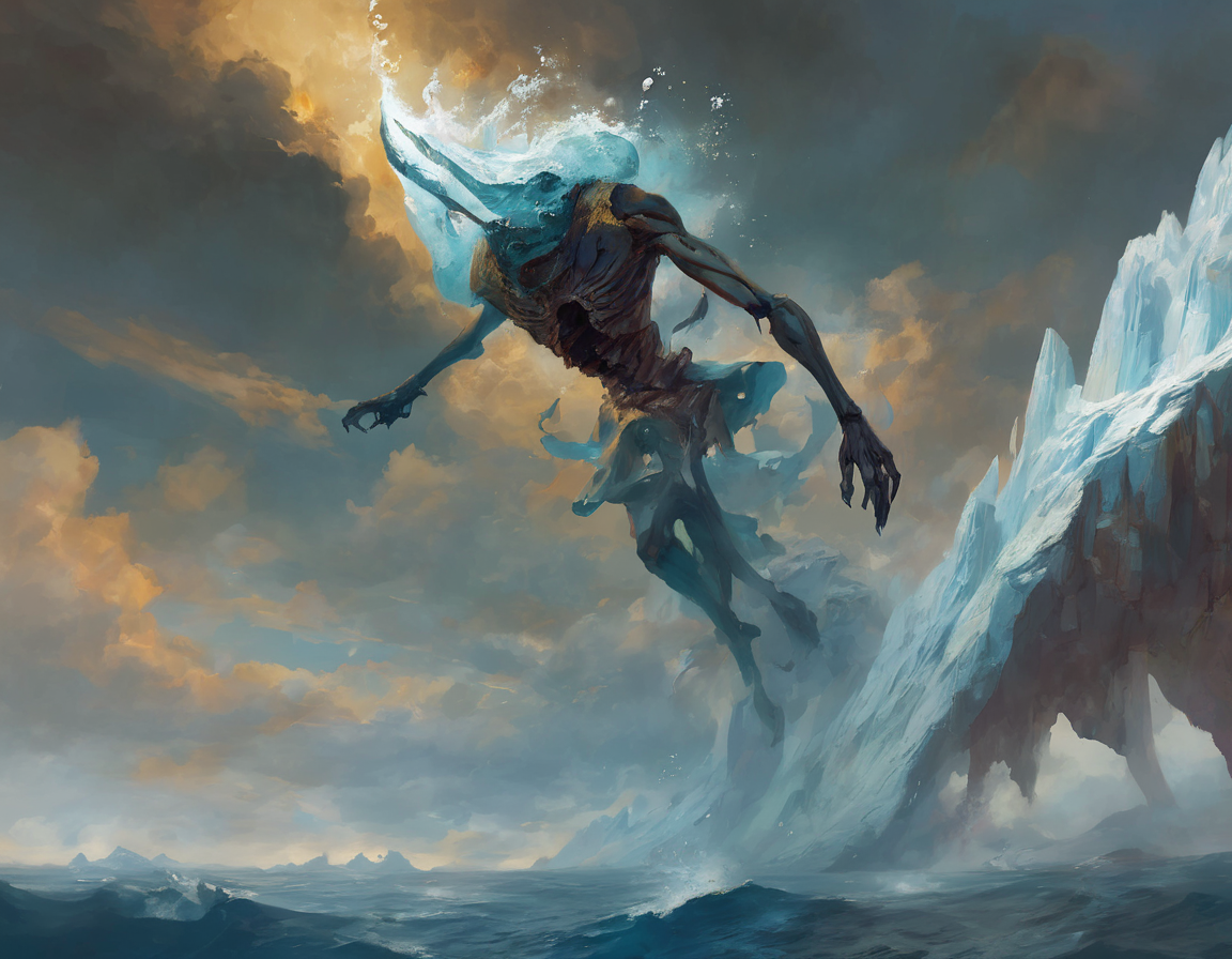 <lora:ptm0-000007:0.8>ptm0 a painting of a ghoulish abstract skeletal figure diving into the ocean with a giant glacier in the background, Anato Finnstark, magic the gathering artwork, concept art, fantasy art