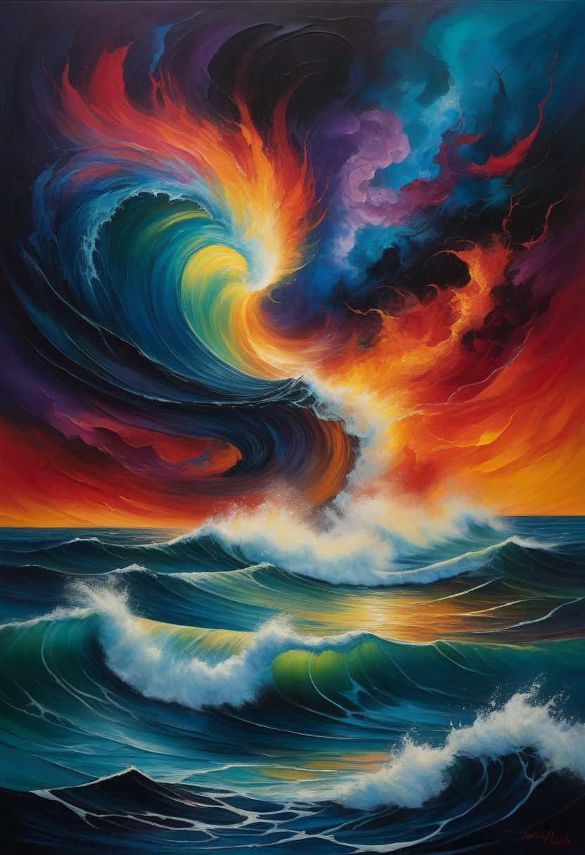 Capture the raw emotion and intensity of Expressionism in a mesmerizing artwork titled "666." The canvas pulsates with a chaotic energy, as swirling, vibrant colors clash and meld together in a frenzied dance of darkness and light. Jagged, bold brushstrokes carve deep, emotional grooves into the fabric of the painting, conveying a sense of inner turmoil and existential angst. The central motif, the number "666," looms ominously in the foreground, its stark, black silhouette cutting through the tumultuous sea of color like a blade. The background is a maelstrom of conflicting hues and textures, evoking a sense of unease and foreboding. The overall atmosphere is one of intense emotion, turmoil, and a hint of underlying darkness that beckons the viewer to delve deeper into the depths of the human psyche.