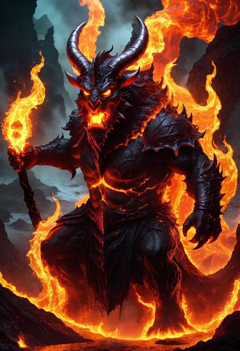 ferrous fire breathing, ghoulish, ghastly horned elemental in a hellish fiery lava filled environment. decimating everything in rage all around it while A single wizard figure is using magic to manipulate water to extinguish fires and battle the beast. OverallDetailXL