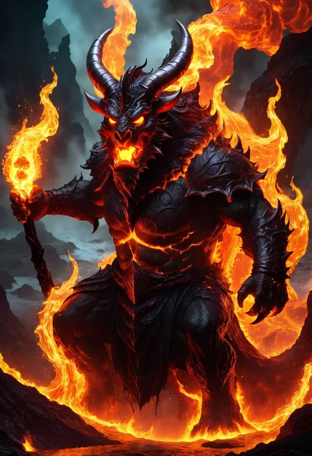 ferrous fire breathing, ghoulish, ghastly horned elemental in a hellish fiery lava filled environment. decimating everything in rage all around it while A single wizard figure is using magic to manipulate water to extinguish fires and battle the beast. OverallDetailXL