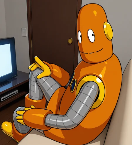 high resolution, best quality, 4k, 3d render, solo, sidelighting, male, rear view, high-angle view, looking back, looking at viewer, sitting in couch, leg on knee, flatscreen tv, living room background, <lora:Moby_the_robot_-_BrainPOP:1> m0by, robot, orange body, noseless, black eyes, grey arms, orange gauntlets, 4 fingers, grey legs, orange boots, yellow hands, smile
