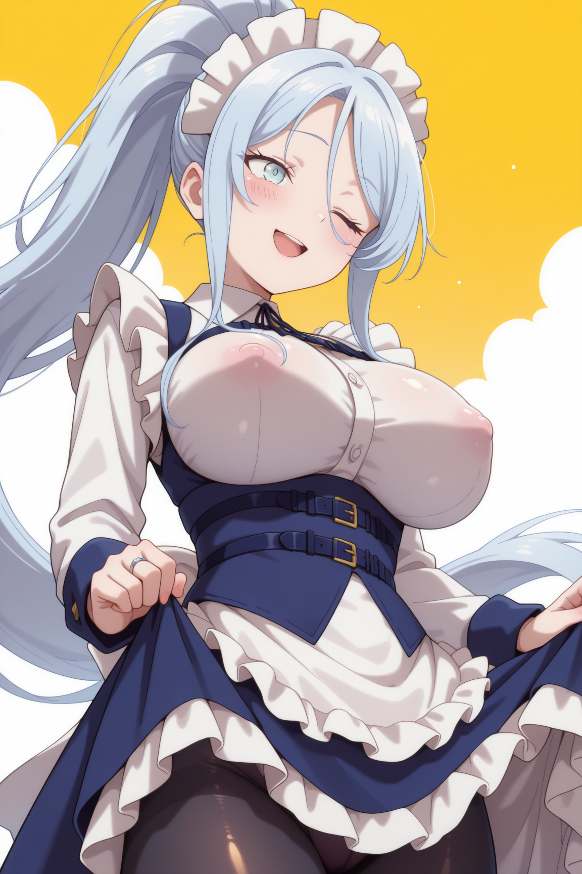 sylpha, long_hair, blue_hair, hair_between_eyes, ponytail, sidelocks, blue_eyes, blush, maid_headdress, large_breasts, maid, collared_shirt, white shirt, underbust, chest_harness, long_sleeves, blue_dress, maid_apron, frills, black_thighhighs
