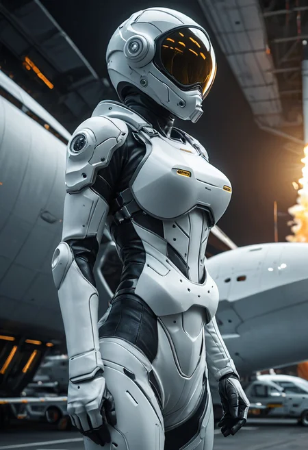 armed female figure in a white sci-fi suit (tight jumpsuit) , at the spaceport, against the background of a sci-fi ship taking off, overcast, mask, sci-fi visor, sci-fi lens, sci-fi respirator, bald head, plate armor, isolated armor, third-person view from below, lots of fine detail, sci-fi movie style, photography, natural textures, natural light, natural blur, photorealism, cinematic rendering, ray tracing, highest quality, highest detail, Cinematic, Blur Effect, Long Exposure, 8K, Ultra-HD, Natural Lighting, Moody Lighting, Cinematic Lighting
