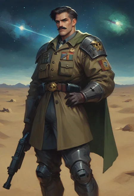 w4rh4mm3r style oil painting, grimdark, (oil painting:1.2) (side view:1.10) score_9, score_8_up, score_7_up, score_6_up, solo,1boy s metal armor, black hair, (short hair:1.5) blue eyes, (smile:0.75) expressionless, happy, looking at viewer, wrinkles, big shoulder pauldrons, older, wide jaw, cinematic lighting,
ultra quality face, ultra quality eyes, highly detailed eyes
shiny metal power armor, belt, full body,
(moustache1.2) (black facial hair:1.1)
(mature face:1.3)
(handsome:1.3)
(wide jaw:1.3)
40k spaceship, 40k battlefield, desert, starry sky, planet with rings in sky, night sky, destroyed city
cybernetic eye, cybernetic implants
grimdark, astra militarum, green cadian imperial guard armour, wearing green imperial guard uniform, grim baroque gothic futuristic 40K, long green cloak
holding gun, pistol, plasma gun, glowing plasma, black gloves, black boots
standing, hand on hip,
Imperial guardsmen with plasma guns in distance, giant tanks in distance, army in distance
Large army in distance, soldiers in distance
(army:1.3)