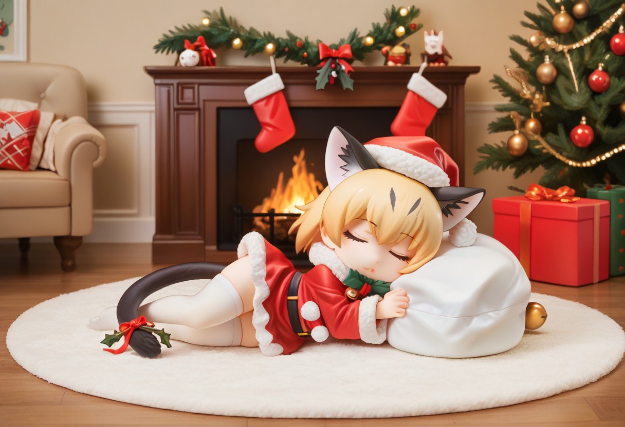 1girl, ((solo)), best quality, ultra-detailed, extremely detailed, perfect anatomy, masterpiece, score_9, score_8_up, score_7_up, Expressiveh, sand cat \(kemono friends\), 1girl, cat girl, cat ears, blonde hair, short hair, cat tail, christmas tree, christmas decoration, christmas ornaments, underneath Christmas tree background, indoors, santa cosplay, santa outfit, santa hat, santa's sack, Christmas outfit, giant sack of presents, fully clothed, Christmas themed thighhighs, thighhighs, santa's sack of presents, red ribbon collar, Christmas presents, Christmas themed, living room, fireplace, (chibi), cute, adorable, closed eyes, sleeping, laying on side, side view, tail_accessory, mistletoe_on_tail, mistletoe,