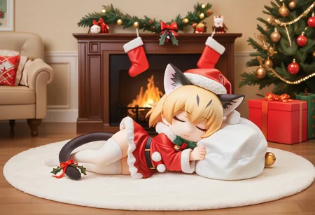 1girl, ((solo)), best quality, ultra-detailed, extremely detailed, perfect anatomy, masterpiece, score_9, score_8_up, score_7_up, Expressiveh, sand cat \(kemono friends\), 1girl, cat girl, cat ears, blonde hair, short hair, cat tail, christmas tree, christmas decoration, christmas ornaments, underneath Christmas tree background, indoors, santa cosplay, santa outfit, santa hat, santa's sack, Christmas outfit, giant sack of presents, fully clothed, Christmas themed thighhighs, thighhighs, santa's sack of presents, red ribbon collar, Christmas presents, Christmas themed, living room, fireplace, (chibi), cute, adorable, closed eyes, sleeping, laying on side, side view, tail_accessory, mistletoe_on_tail, mistletoe,