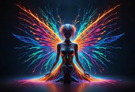 a fire entity whit multicolored flames, professional photography of an fantastical warrior fairy princess entirely made of cyberflies with whimsical elements, swirling magic, eerie fairytale landscape, elaborate fantasy style art, very colorful, intricate details, ultra sharp, exquisite detail, flawless composition, vivid colors, masterpiece, exciting background, TAS, TASvisuals, Psychedelic , Rave, Elaborate , Blacklight , Vibrant , cyberflies, black light paint, blp, Colorful Chaos Cracks and Drops, mad-glowtiedye, made out of,colorful,liquid,Murano Art Glass