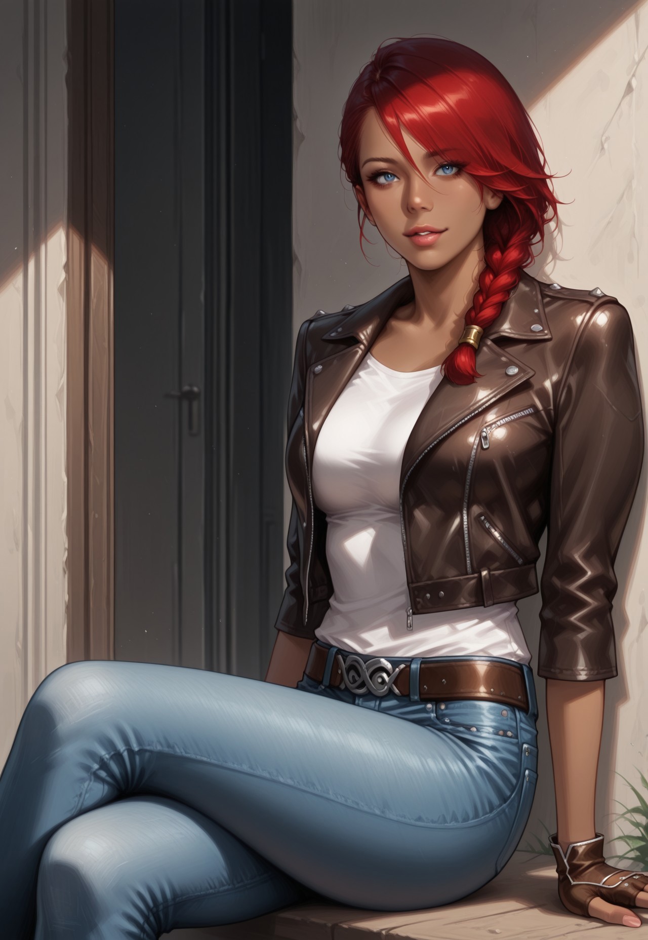 masterpiece, best quality, detailed, realistic, cowboy shot, soft smile, parted lips, 1girl, solo, Lucia, red hair, braid, dark-skinned female, leather jacket, shirt, belt, denim, jeans, fingerless gloves, sitting, crossed legs,