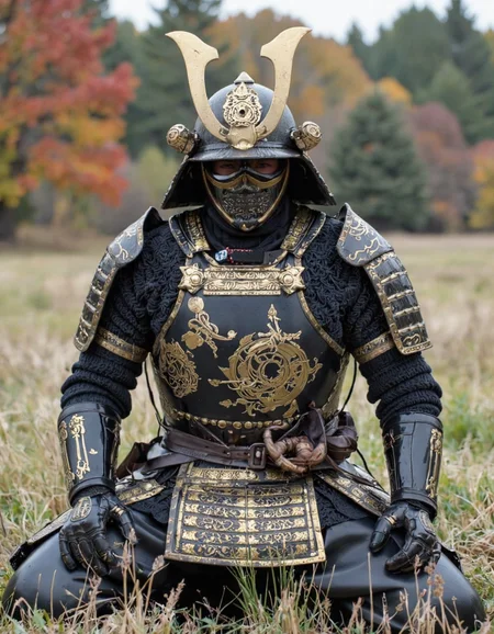 A photograph of a techn-samurai warrior in full armor, kneeling in a grassy field. The armor is intricate with gold detailing but the mask is futuristic. The background features autumn trees, creating a moody, rustic atmosphere.
