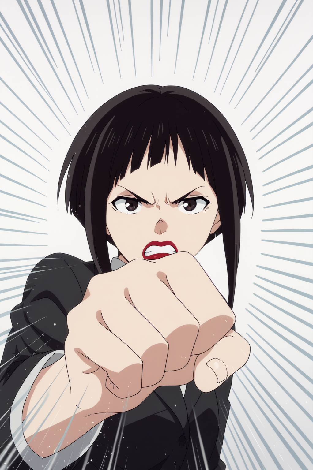 <lora:Amamiya:0.8>, white background, Amamiya, rating safe, solo, black hair, makeup, lipstick, clenched hand, emphasis lines, anime coloring, window blinds