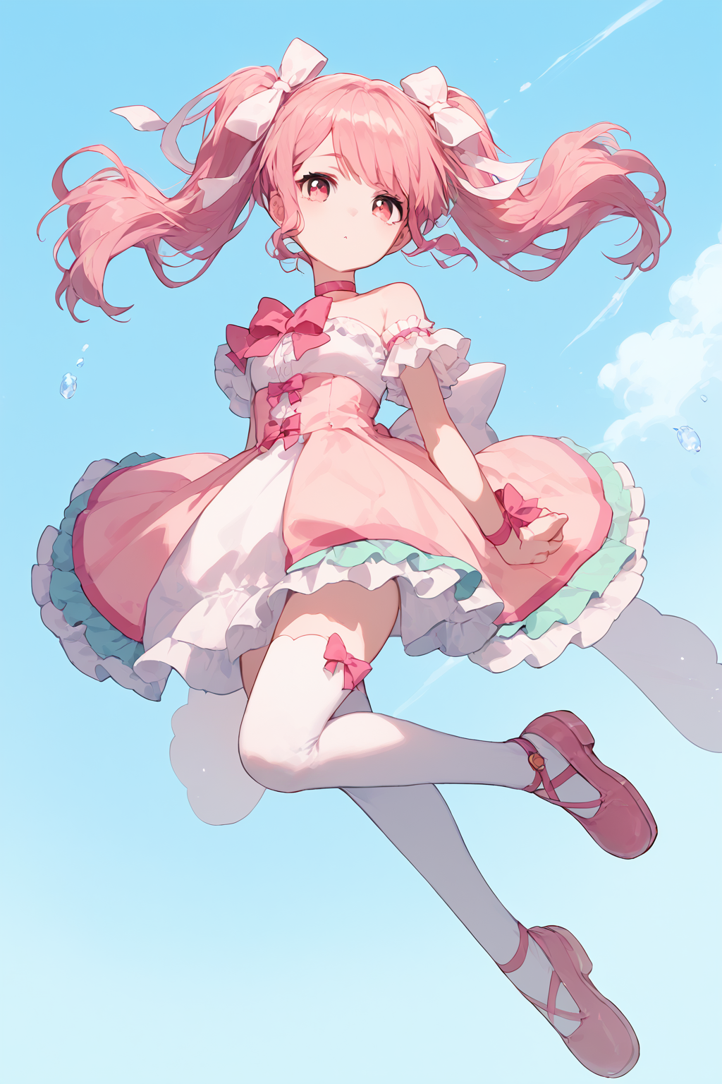 score_9,score_8_up,score_7_up,score_6_up,score_5_up,score_4_up,<lora:aya:0.8>,maruyama aya,1girl,solo,pink hair,wrist bow,twintails,pink eyes,pink footwear,white thighhighs,bangs,pink choker,shoes,hair bow,strapless dress,arm ribbon,