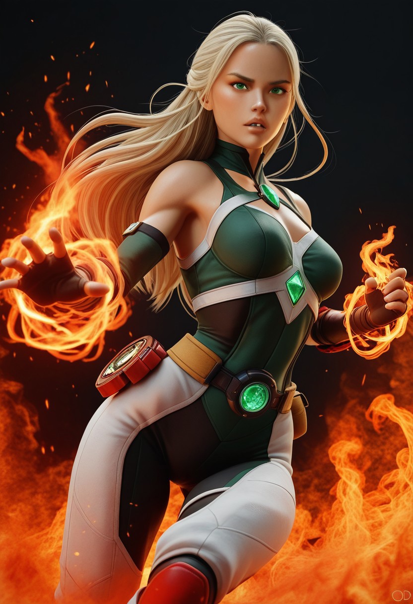 3d style, long shot, realistic skin texture, scenery, 1girl, long white blonde hair, in magical fighting gear, looking toward viewer, casting fire bending swirling waves toward viewer, intense green eyes, parted lips , casting fire orbs, parted fire splashing upward on each side, dynamic angle, cinematic photography, high detail, realistic textures, intense, magical adventurous atmosphere, vulcano background,  detailed dark background setting