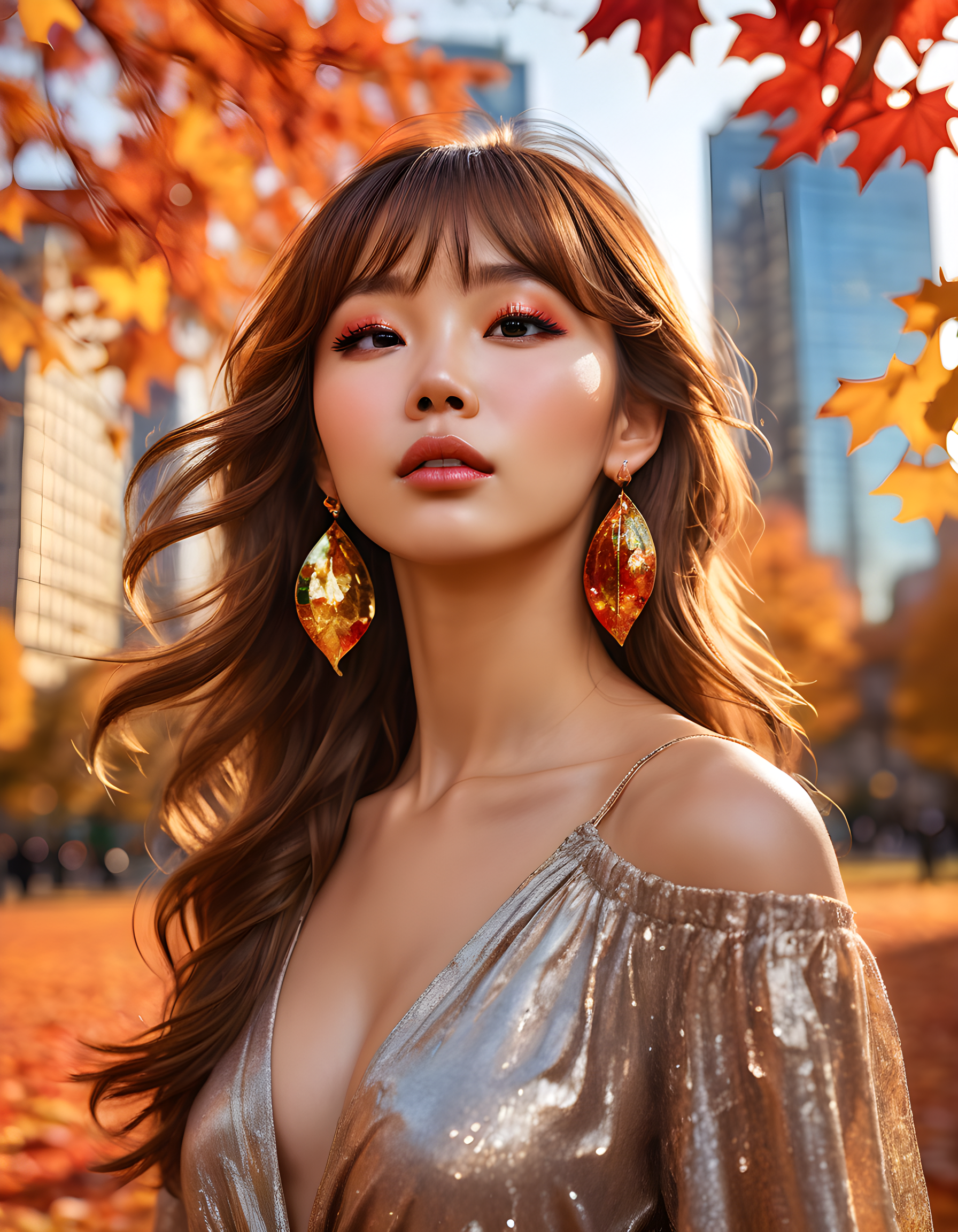 In a bustling city park bathed in the golden hues of sunset, a captivating woman named K1MCW is framed from the waist up. Her long, wavy brown hair cascades down her shoulders, with bangs partially obscuring her closed eyes that are adorned by dark eye makeup and long eyelashes. Her lips, painted a bold red, are slightly parted as if she's just taken a deep breath, adding an air of mystery to the image. She wears large, elegant earrings that catch the light, reflecting in her closed eyes. The background is a blur of vibrant city life - tall buildings, moving people, and colorful autumn leaves swirling in the wind, all captured in a slightly blurry, intimate close-up shot from an angle slightly above the subject, emphasizing her strength and beauty amidst the chaotic city landscape.