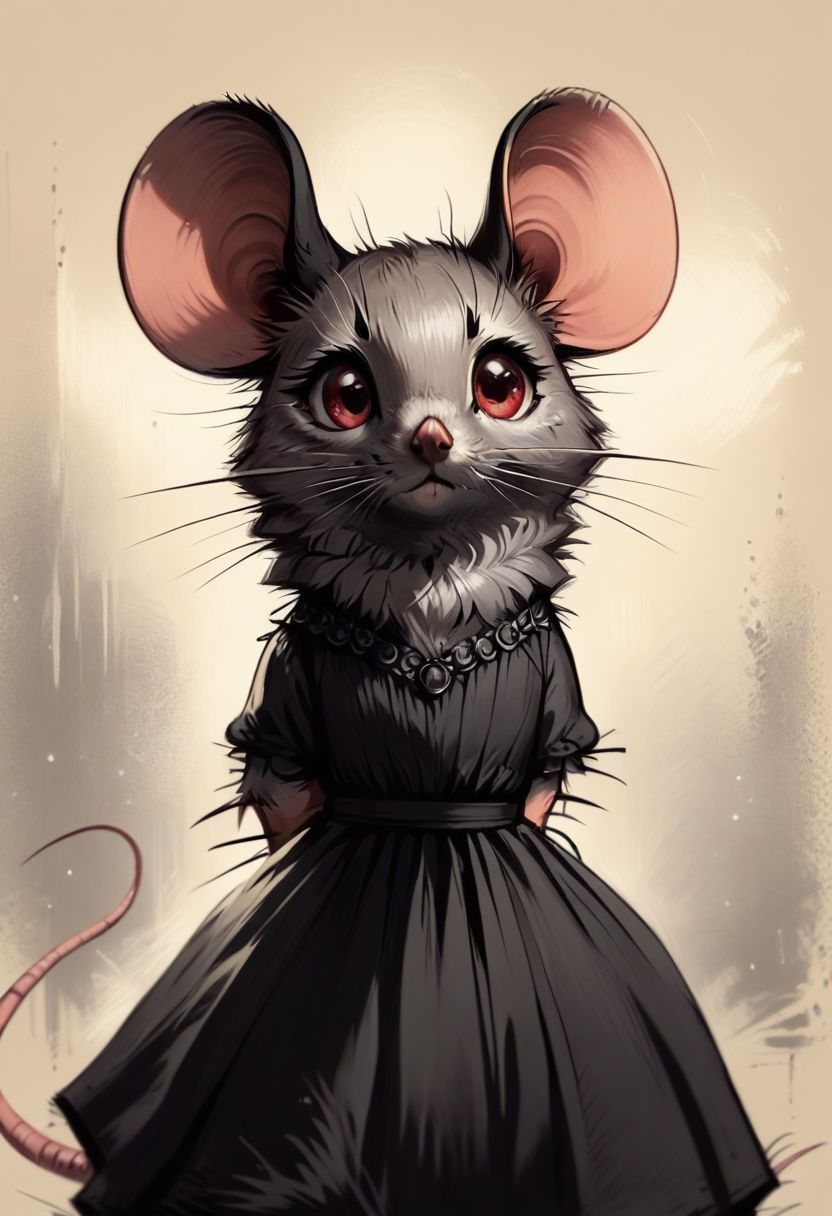 score_9, score_8_up, score_8, solo, (fluffy), feral, (feral), (((mouse))), female, red eyes, grey fur, black ears, claws, (fluffy cheeks:0.5), (black dress), in the style of beatrix potter, (cartoon style), mad-stncl, CharcoalDarkStyle, (upper body shot), cute, hands behind back, solo, (solo:1.5), abstract background