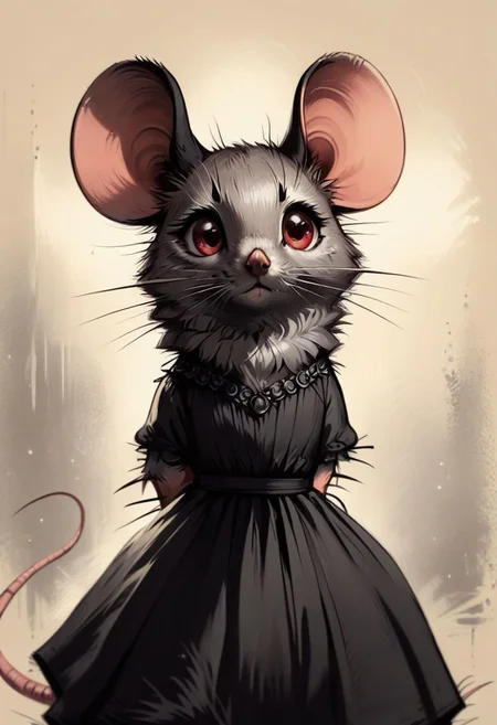 score_9, score_8_up, score_8, solo, (fluffy), feral, (feral), (((mouse))), female, red eyes, grey fur, black ears, claws, (fluffy cheeks:0.5), (black dress), in the style of beatrix potter, (cartoon style), mad-stncl, CharcoalDarkStyle, (upper body shot), cute, hands behind back, solo, (solo:1.5), abstract background