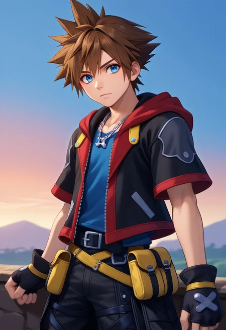 score_9, score_7_up, source_anime
sora, 1boy, male focus, solo, blue eyes, brown hair, spiked hair, blue shirt, red shirt, multicolored shirt, jewelry, necklace, jacket, multicolored jacket, multicolored clothes, black jacket, red jacket, hood, buttons, short sleeves, open jacket, open clothes, gloves, black gloves, fingerless gloves, belt, pants, black pants, baggy pants, chaps, pouch,
outdoor, sky,