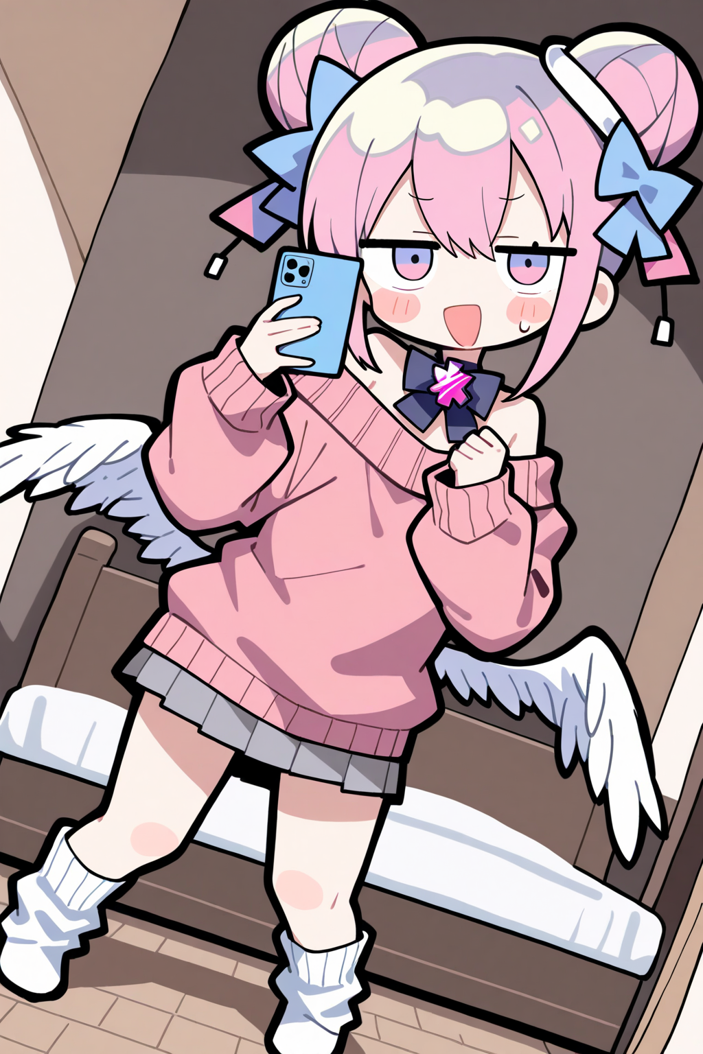 1girl, solo, dutch angle, full body,
dadadada_tenshi,
dadadada_tenshi_1st_costume,
chibi, utaite,
short hair, double bun, hair ornament, hair bow, blue bow,
pink hair, multicolored hair,
medium bangs, hair between eyes,
looking at viewer,
false smile, sweatdrop,
(open mouth:0.8),
jitome, pink eyes, multicolored eyes, blue eyes,
sidelocks,
blush stickers,
bow choker, black bowtie, gem,
off-shoulder sweater, pink sweater,
holding phone, selfie, pose,
long sleeves, sleeves past wrists, puffy sleeves,
low wings,
miniskirt, grey skirt,
white socks,
indoors, room,
<lora:kp_DadadadaTenshiAnimagineXL_v1_0:1.0>
masterpiece, high score, great score, absurdres,
ultra-detailed, high resolution,
thick outlines, black outline,