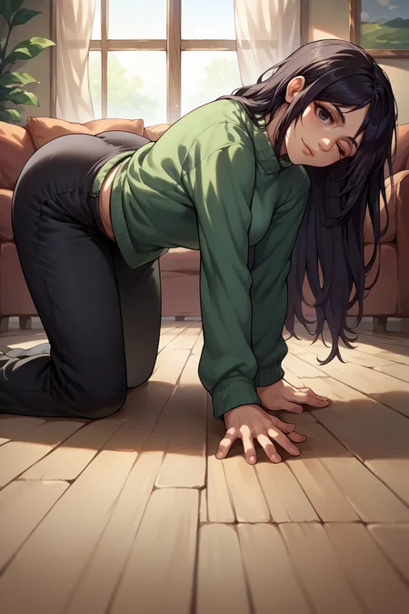 score_9, score_8_up, score_7_up, score_6_up, source_anime, 1girl, <lora:pieckfinger-pdxl-nvwls-v1-000006:1> aotpf, black hair, long hair, black eyes, green sweater, all fours, black pants, from side, living room, looking at you, wink, ass