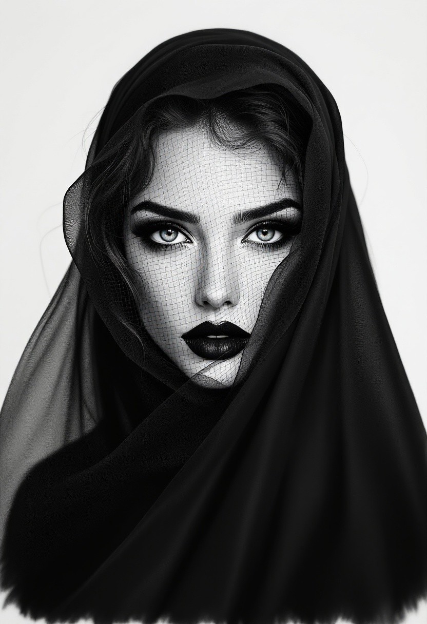 chic woman, noir. pencil drawing, black veil, beauty style, beautiful eyes, intricate details, hyper-realism, ultra-sharp, professional photoshoot