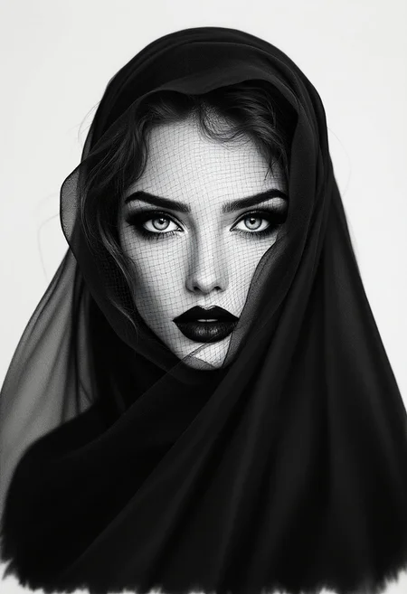 chic woman, noir. pencil drawing, black veil, beauty style, beautiful eyes, intricate details, hyper-realism, ultra-sharp, professional photoshoot