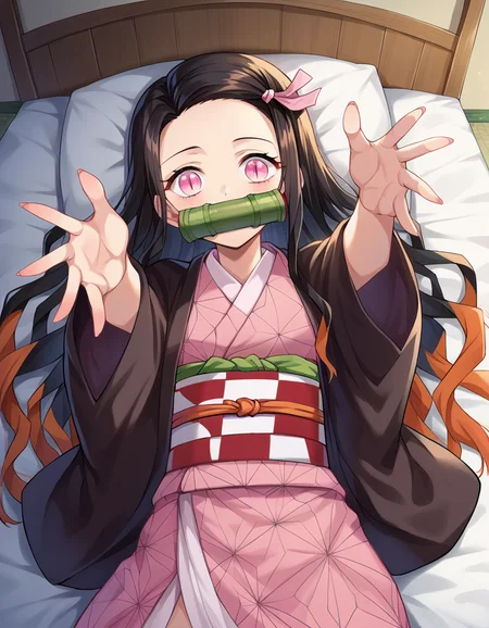 score_9, score_8_up, score_7_up, source_anime,
nezukokamado, <lora:nezuko-kamado-ponyxl-lora-nochekaiser:1>,
nezuko kamado, bamboo, bit gag, black hair, forehead, gag, gagged, hair ribbon, long hair, multicolored hair, pink eyes, orange hair, slit pupils, wavy hair, two-tone hair,
asa no ha \(pattern\), checkered sash, haori, japanese clothes, kimono, long sleeves, obi, pink kimono, sash, wariza, wide sleeves,
indoors, bed, bed room, on back, arm support, arms up, incoming hug, pov, reaching, reaching towards viewer,
looking at viewer, dutch angle, cowboy shot,