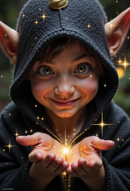 the sparkling effect highlights the Goblin's mischievous grin, Hidden in the shadows' play, Night's playful spirit