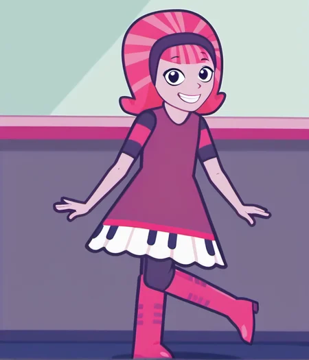 1girl, solo, dbdd1, smile, pantyhose, dress, pink hair, pink skin, black eyes, looking at viewer, boots, full body, grin, standing, standing on one leg, hairband, <lora:dbdd1:1>,