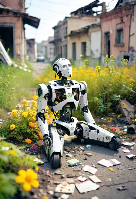 In the foreground: A broken humanoid robot sits hunched over on the ground, the paint on its body has faded, and some elements have cracked. A small bush with small green leaves and many small bright flowers grows through the robot.
Focus on the robot in close-up. In the background: the ruins of a small town street, broken asphalt, and things thrown away in a panic. The background is easy blurred. Shining day, warm colors.