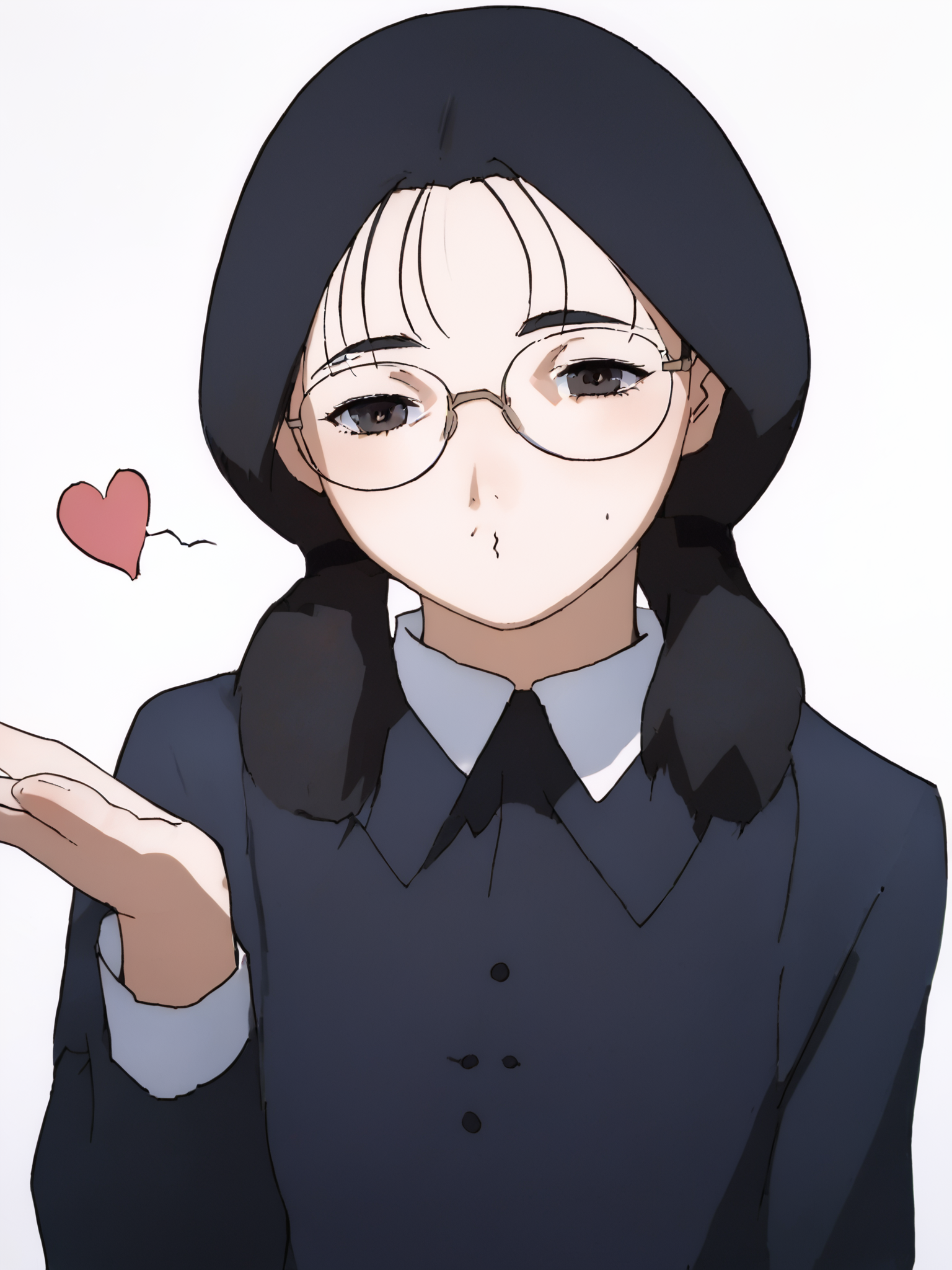 woman, 20 y/o, 20 year old, 20 year old woman, adult, score_9, score_8_up, score_7_up, score_6_up, score_5_up, BREAK masterpiece, high quality, white background, <lora:Yomoda_Chisa_PDXLv1.1-e97:0.8> yomoda chisa, glasses, small breasts, black dress, <lora:FrierenBlowingKissMeme_XLPD:1> IncrsBlowingKiss, heart, blowing kiss