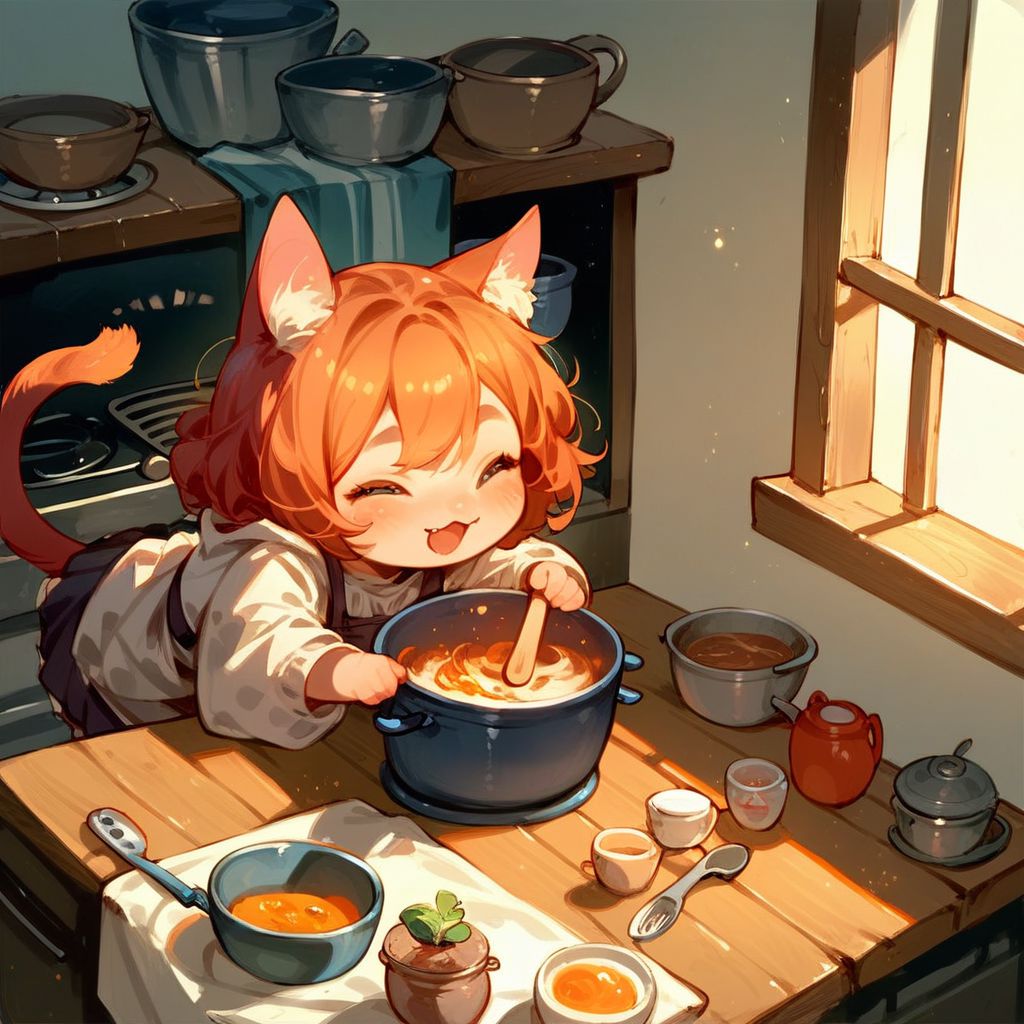 score_9, score_8_up, score_7_up, source_cartoon, 2girls,(ultra HD quality details), catgirl, cat ears, slightly chibi, cooking, pot on table, girls looking at pot, hungry , (detailed image, high resolution, 5k resolution:1.0), Expressiveh, kitchen, view from above, warm lighting