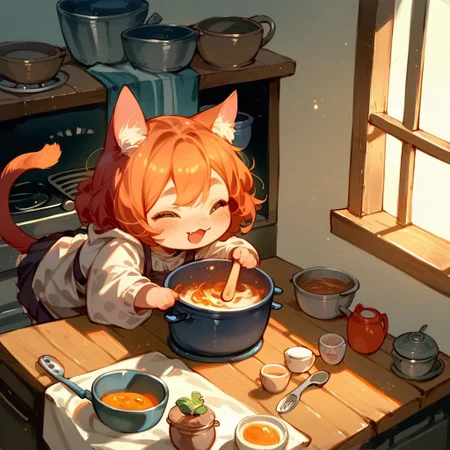 score_9, score_8_up, score_7_up, source_cartoon, 2girls,(ultra HD quality details), catgirl, cat ears, slightly chibi, cooking, pot on table, girls looking at pot, hungry , (detailed image, high resolution, 5k resolution:1.0), Expressiveh, kitchen, view from above, warm lighting