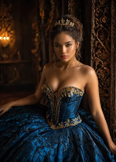 Photo, masterpiece, best quality, dramatic angle, art by Frank Frazetta:1.5, In a sultry, top-down view, a regal woman with flowing, vibrant auburn dark hair stands adorned with gold and blue jewelry. Her attire is a captivating blend of traditional and modern elegance, featuring a form-fitting, black dress intricately accented with gold. The dress clings to her curves, accentuating her sultry confidence. Her ethereal blue and red jewelry glimmers against the dark, rich backdrop. The setting is a luxurious, dark blue room, adorned with intricate gold designs that shimmer in the soft, ambient lighting. Silken drapes flow around her, adding a sense of mystery and allure. The air is filled with the faint scent of jasmine, enhancing the intimate atmosphere. Candlelight casts gentle shadows, highlighting the subtle play of light on her skin and the fine details of her attire. Her confident gaze meets the viewerâs, her eyes holding a hint of mischief and allure. A gentle breeze ruffles her hair, and the soft rustle of silk adds to the sensuous ambiance. The scene is a perfect blend of opulence and seduction, inviting the viewer to lose themselves in the captivating charm of this regal woman. <lora:mjv6:0.6> <lora:MS_KMXD_SDXL_V1:1> , intricate details, cinematic, good lighting, vibrant colors, (high quality texture), (sharp), (artistic image), 8K, detailed, dynamic, depth of field, intricate, <lora:add-detail-xl:0.8>
