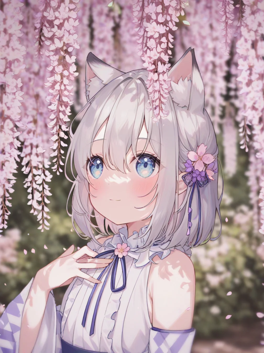 1girl,cherry blossoms,hair flower,pink flower,hair ribbon,cat ears,animal ear fluff,blue eyes,grey hair,short hair,bangs,hair between eyes,eyebrows visible through hair,blush,closed mouth,light smile,neck ribbon,white dress,crease,frilled_collar,detached_sleeves,flat chest,
flower,wisteria,purple flower,depth of field,upper body,petals,blurry foreground,hakama,from side,yagasuri,looking up,hand on own chest, 
<lora:Renren_1-000044:1>,