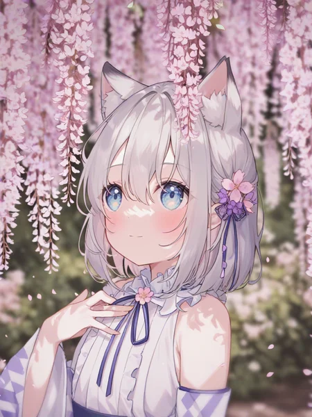 1girl,cherry blossoms,hair flower,pink flower,hair ribbon,cat ears,animal ear fluff,blue eyes,grey hair,short hair,bangs,hair between eyes,eyebrows visible through hair,blush,closed mouth,light smile,neck ribbon,white dress,crease,frilled_collar,detached_sleeves,flat chest,
flower,wisteria,purple flower,depth of field,upper body,petals,blurry foreground,hakama,from side,yagasuri,looking up,hand on own chest,
<lora:Renren_1-000044:1>,