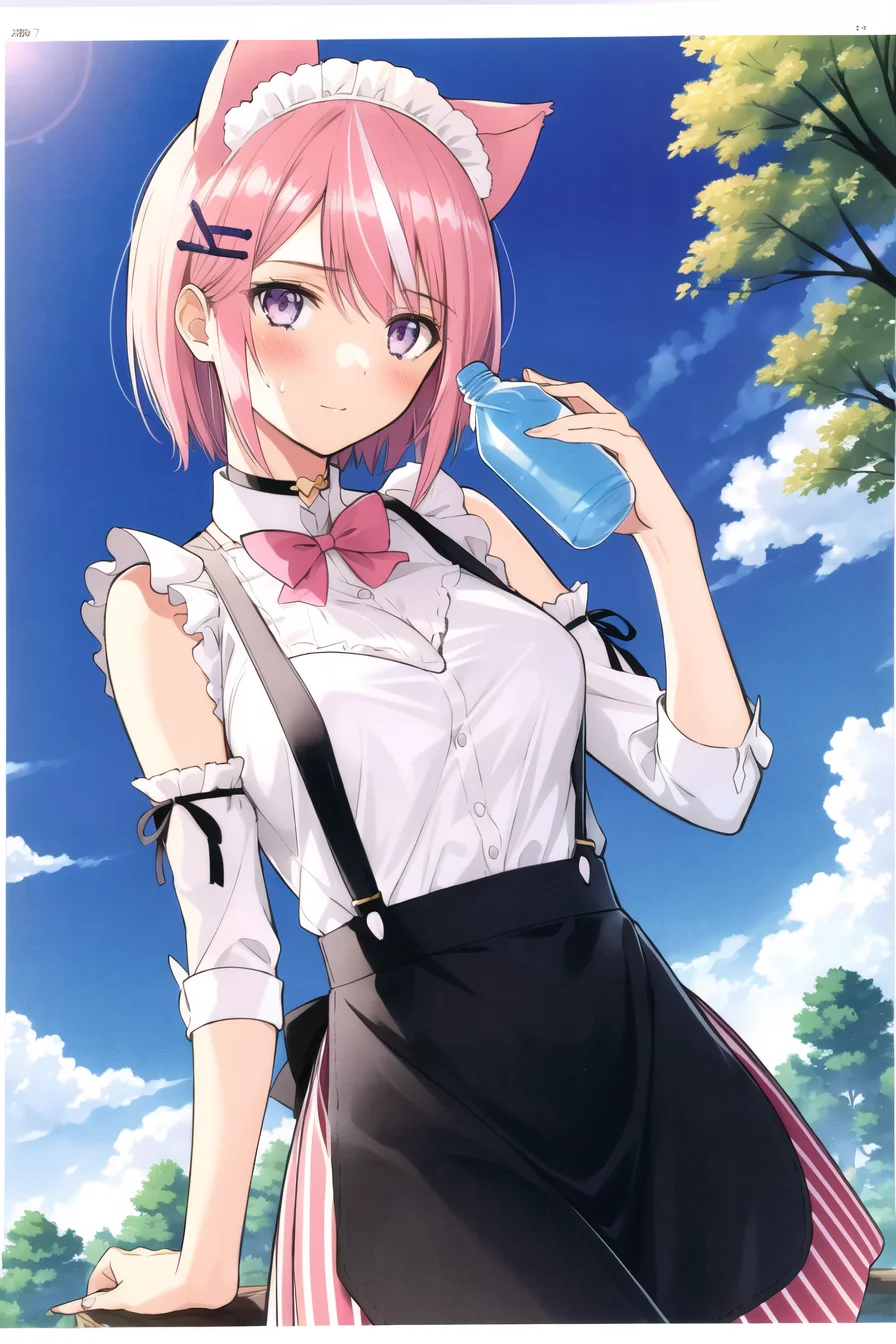 tony taka,
1girl, animal ears, apron, artist name, bangs, bare shoulders, blue sky, blush, bottle, bow, bowtie, breasts, buttons, cat ears, choker, cloud, cloudy sky, crop top, day, detached sleeves, hair ornament, holding, looking at viewer, maid headdress, medium breasts, outdoors, page number, pink hair, purple eyes, short hair, skirt, sky, solo, suspenders, sweat, sweatdrop, tree, two-tone hair, waist apron, water bottle,
<lora:tony_taka:0.7>