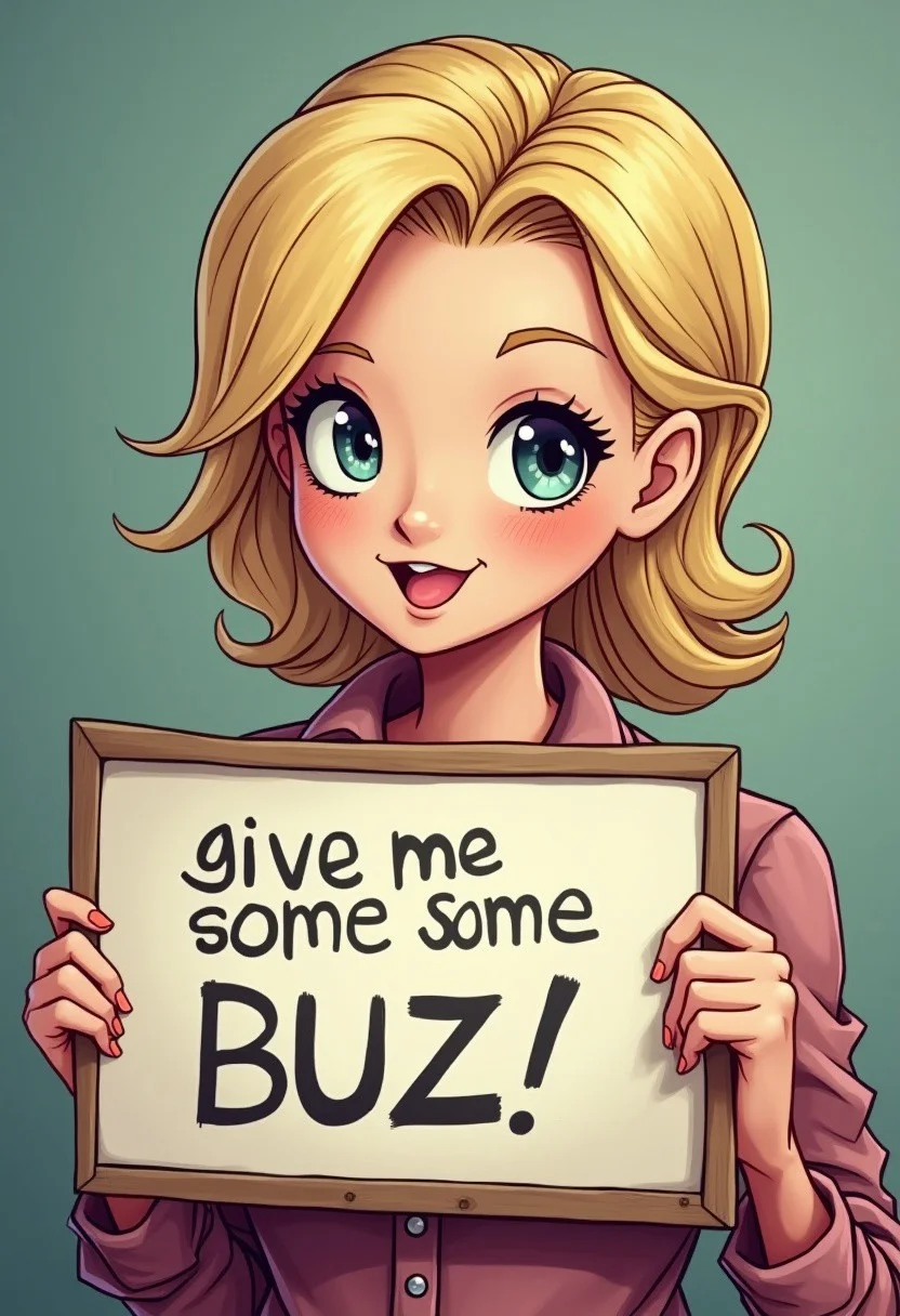 very cute Android 18 hair woman holding a sign "give me some buzz ",