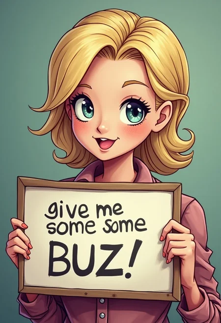 very cute Android 18 hair woman holding a sign "give me some buzz ",