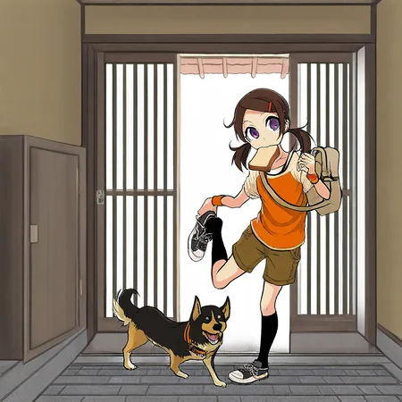 1girl,solo,front door, sliding doors,  indoors,open door, pavement,yanegawara,comouth hold, food, toast in mouth, bag, twintails, toast, dog, umbrella, brown hair, shoes, food in mouth, sneakers, closed umbrella, 1girl, hair ornament, hairclip, kneehighs, shorts, purple eyes, solo, short sleeves, casual, beige shoulder bag, hand on wall, hand on shoes, one feet up, black socks, orange wristband,