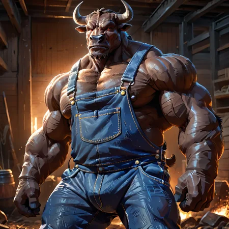 (perfect eyes and face:1.5), best quality, highly detailed, sharp focus, dynamic lighting, vivid colors, texture detail, particle effects, 16k, UE5, HDR, dark furr, (narrow hips:1.5), (broad shoulders:1.5), massive head and jawline, (muscular minotaur in sexy overalls:1.5), (bulge all the way up to his chest by upward boner:1.5), (massive upward bonerbulge:1.5), gigantic bulge, fpo_up, (gigantic stomach bulge:1.5), male focus, gay, monster, workgear, rugged, brutal (weins:1.5) <lora:Concept Art Brush Style LoRA_Pony XL v6:1> <lora:Concept_Gigantic_stomach_bulge:1> <lora:100_Workgear_Lora_v1.3_XL:1> <lora:bulgepecXLP-v1:1>